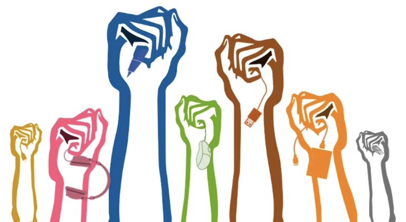 An illustration of seven fists raised up, each holding a kind of tech peripheral or cord or plug An illustration of seven fists raised up, each holding a kind of tech peripheral or cord or plug